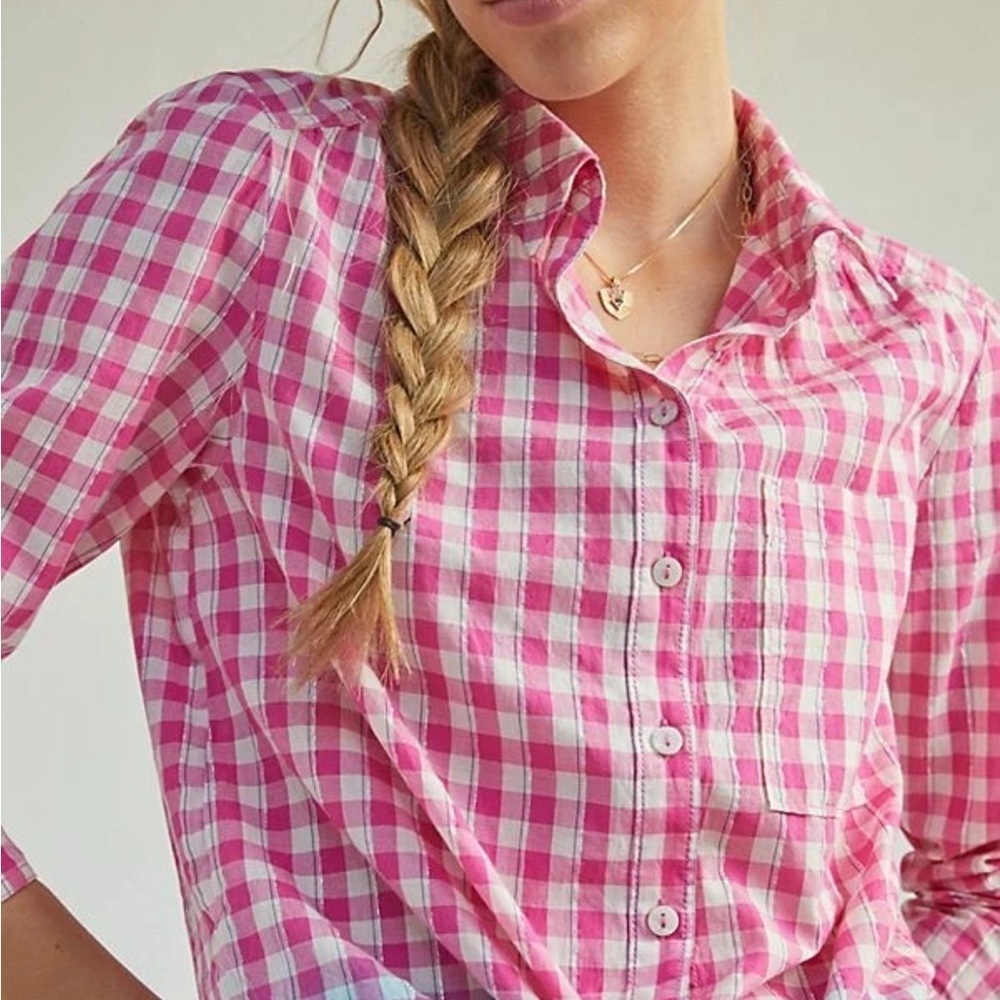 Anthropologie Pilcro Deb Gingham Button down Shirt Pink Blue Cotton Sz XS